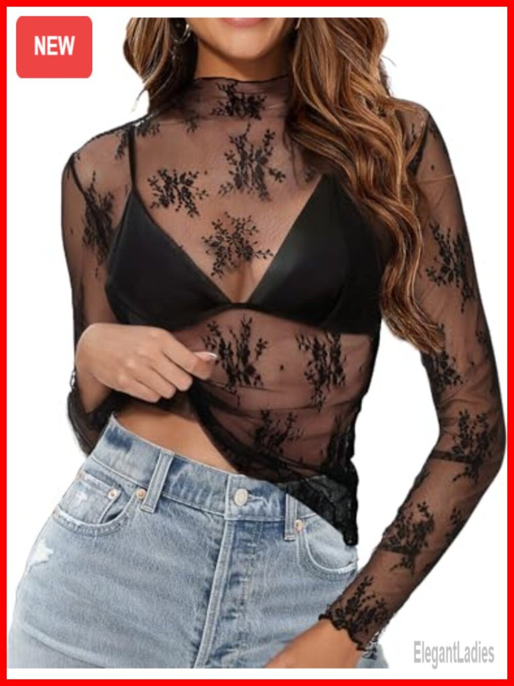 Mesh Long Sleeve Top Lace Sheer Mock Neck Floral Embroidery Blouse